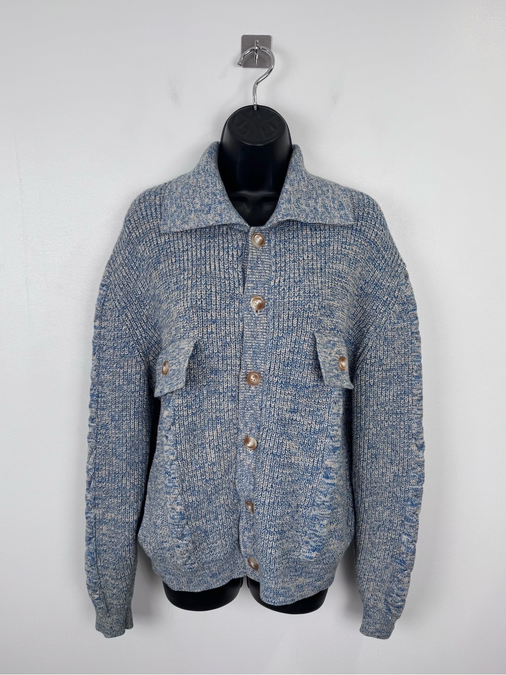 Yitai Men Knit Collar Blue Cardigan Sweater‎ Size Medium